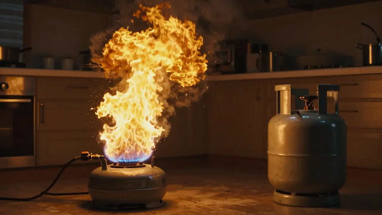 Gefährliche Gasflamme ohne Regler im Vergleich zu einer sicheren, kontrollierten Flamme.