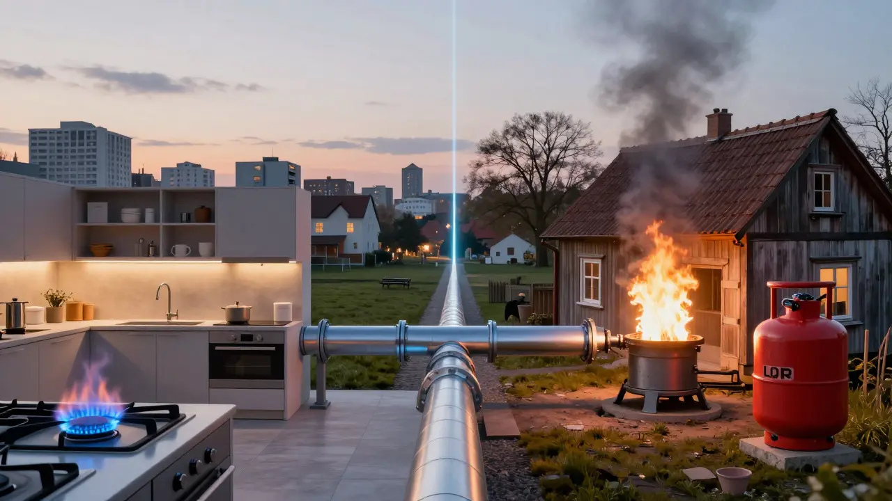 Geteilte Landschaft: städtische Gasherde und ländliche LPG-Heizung mit verbundenen Leitungen.