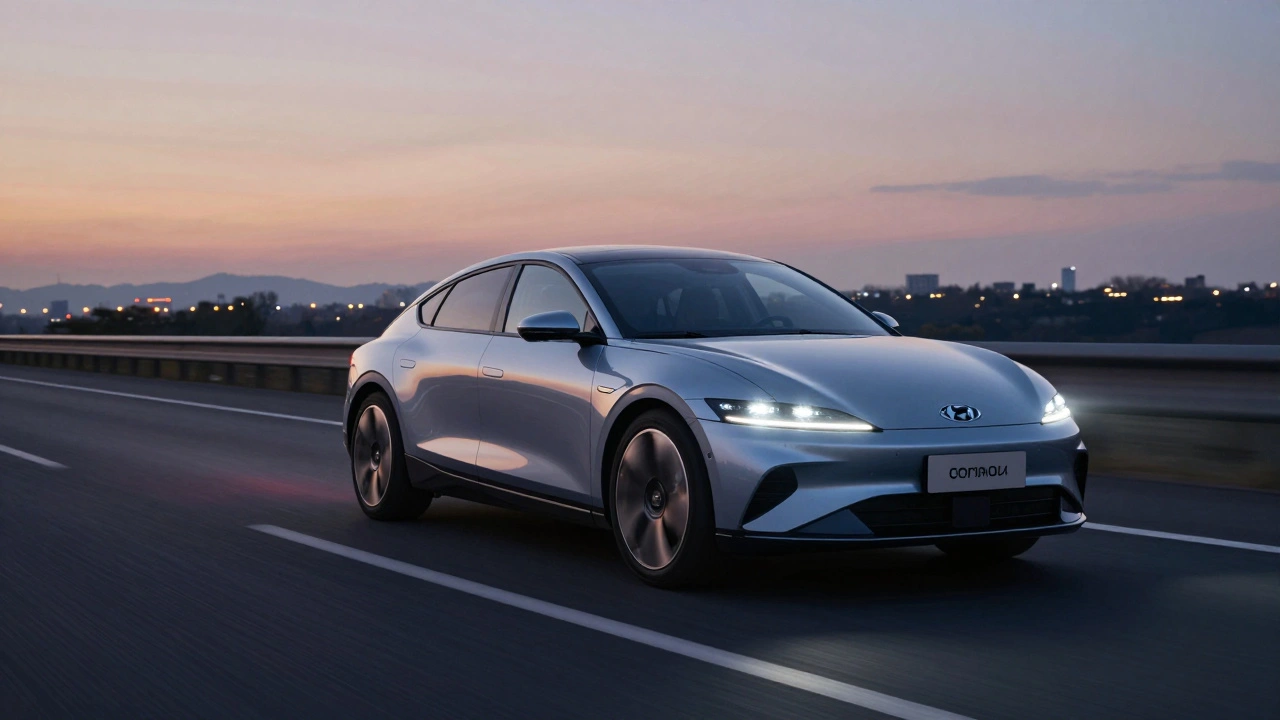 Hyundai Ioniq 6 fährt still auf der Autobahn bei Dämmerung, aerodynamisch und effizient.