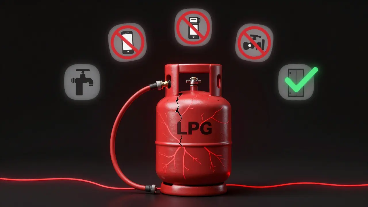 LPG-Flasche mit beschädigtem Schlauch und Symbolen verbotener Handlungen, umgeben von einem einzigen Sicherheitssymbol.