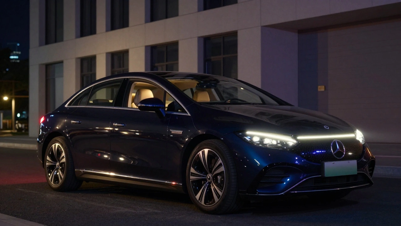 Mercedes EQE in dunkler Nacht vor einem modernen Hochhaus, luxuriös beleuchtet und elegant.