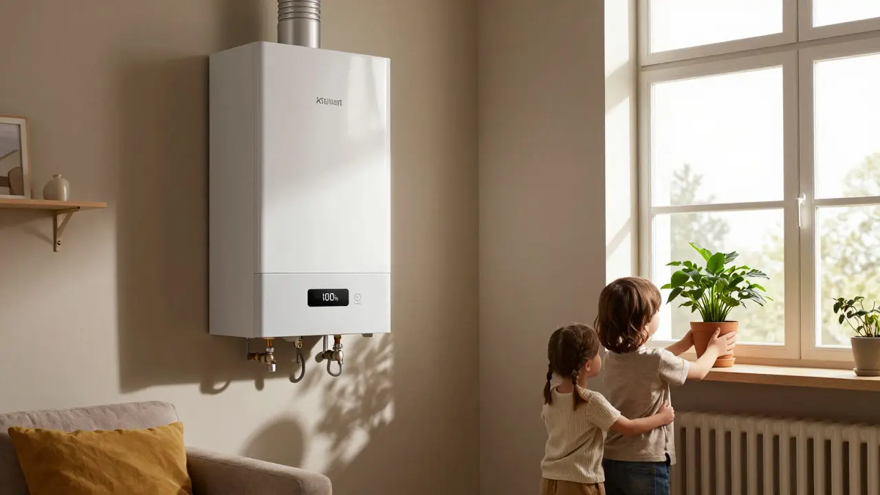 Modernes Erdgas-Heizgerät in einem deutschen Wohnzimmer mit Biogas-Anzeige.