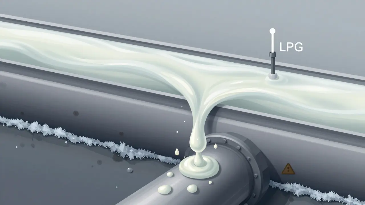Querschnitt einer Gasleitung mit flüssigem LPG in einer Senke und Korrosionsspuren.