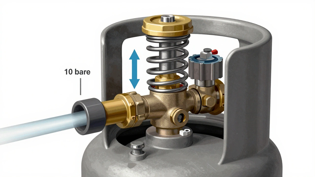 Querschnitt eines LPG-Reglers mit Feder, Membran und Ventil zur Druckreduzierung.