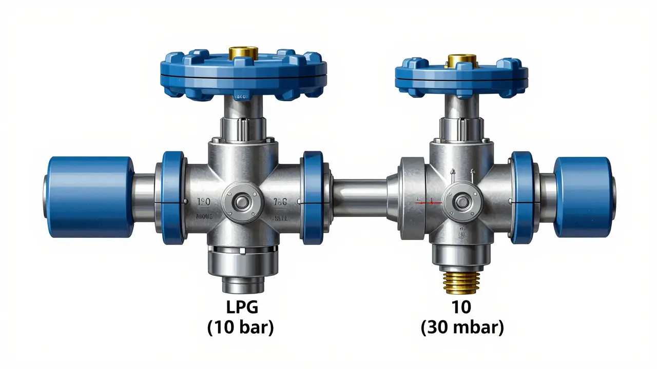 Schnittansicht eines zweistufigen LPG-Druckreglers mit internen Komponenten und Druckangaben.