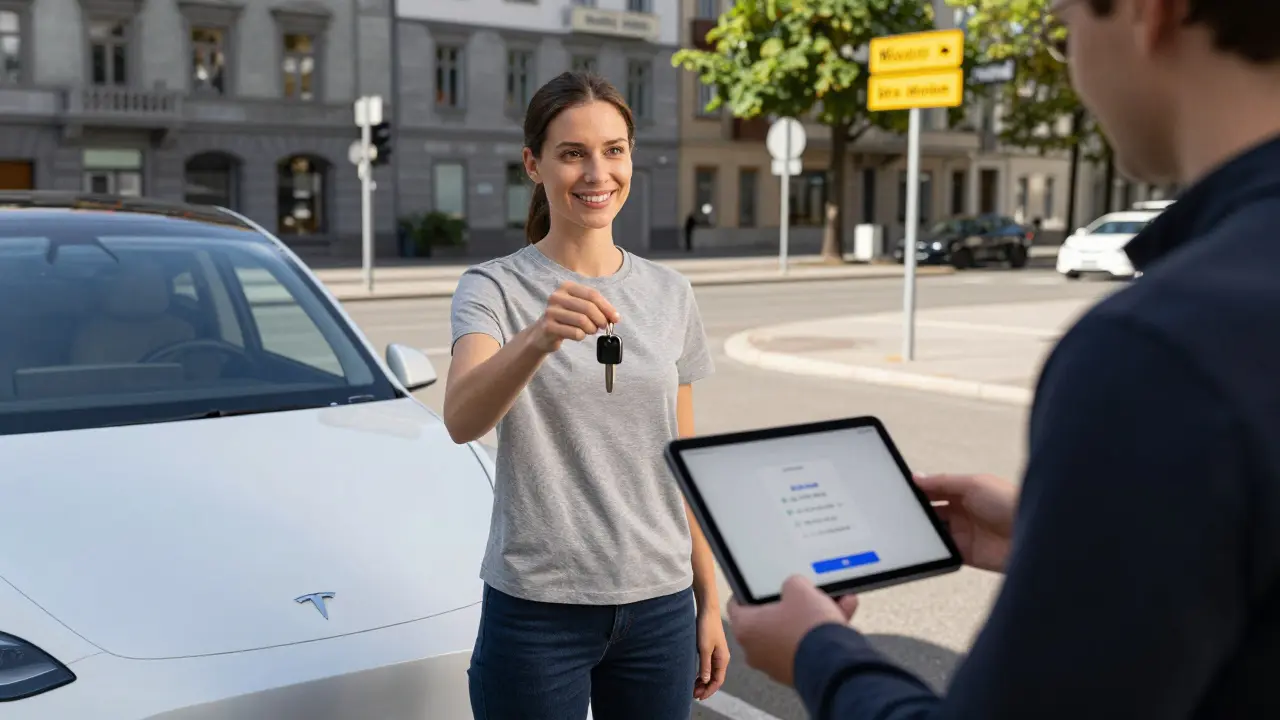 Tesla-Besitzer wird vom Service-Center abgeholt, während sein Fahrzeug gewartet wird, mit digitaler Update-Anzeige.