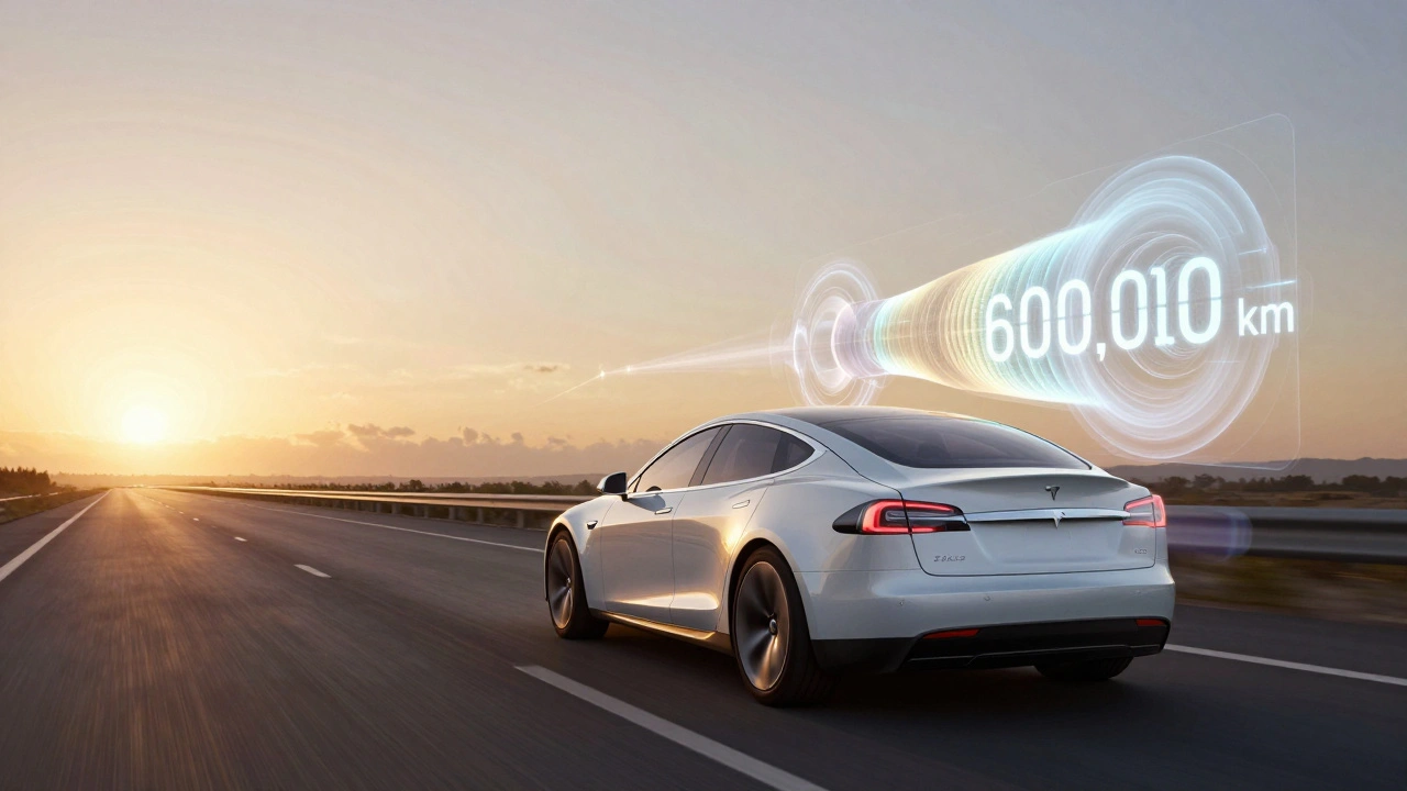 Tesla Model S aus dem Jahr 2012 mit 600.000 km auf der Straße, magnetische Felder um den Motor sichtbar.