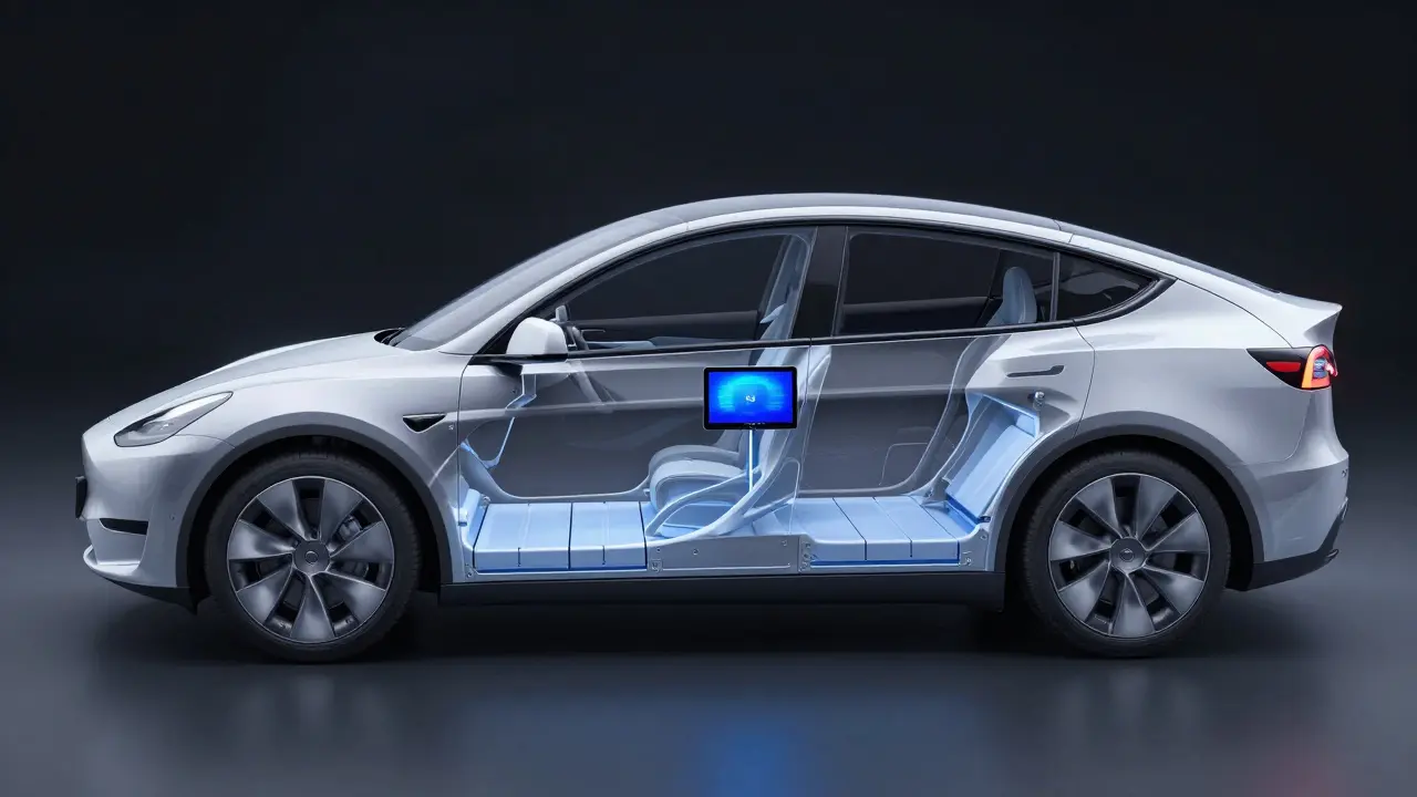Transparent Tesla Model Y showing simplified structure with cast parts and cell-to-pack battery.