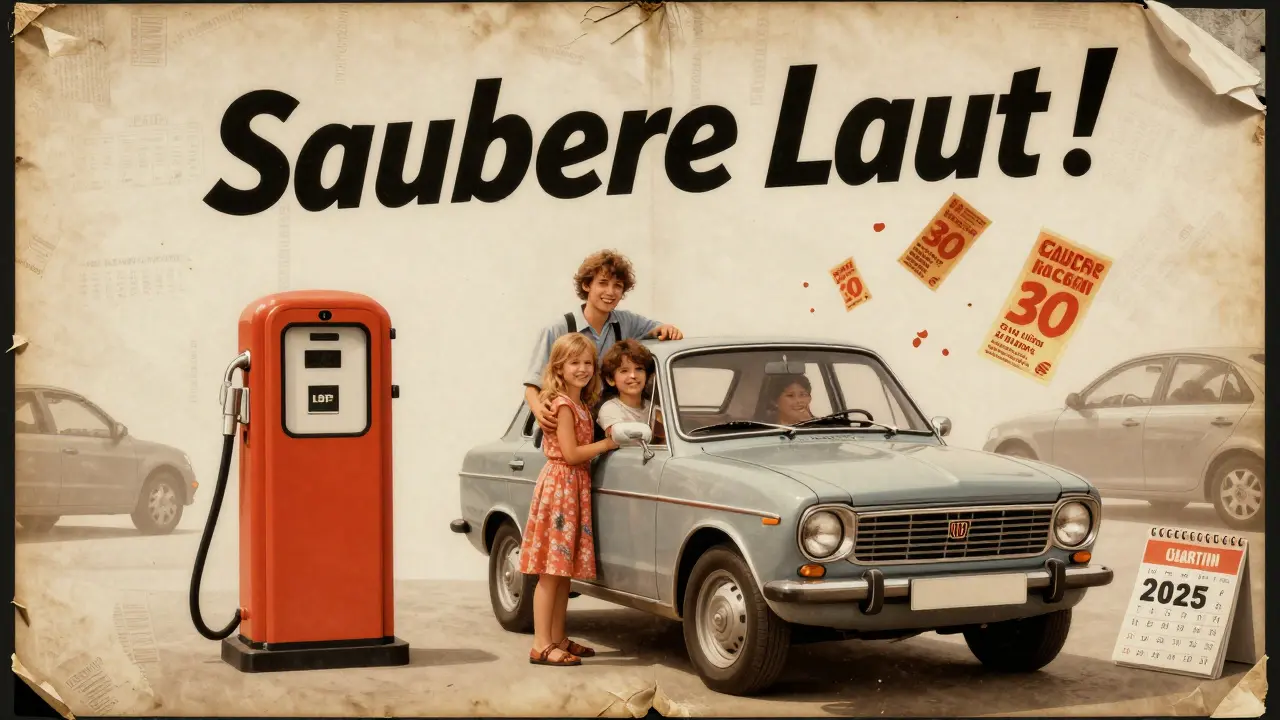 Veraltete Werbung für LPG mit abblätterndem Poster, darunter ein Elektroauto und das Jahr 2025 sichtbar.