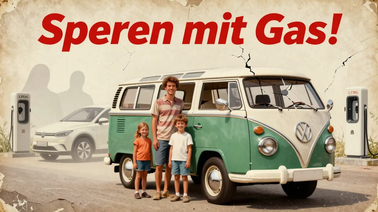 Verblasstes Werbeplakat aus den 90ern mit Familie und LPG-Auto, im Hintergrund schweben E-Autos durch die Risse.