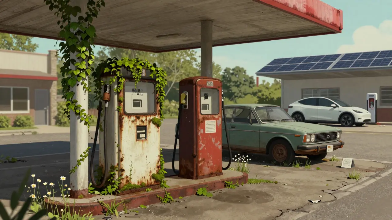 Verfallene Tankstelle aus den 2020ern, überwuchert von Pflanzen, ein altes Auto als Museumsexponat.