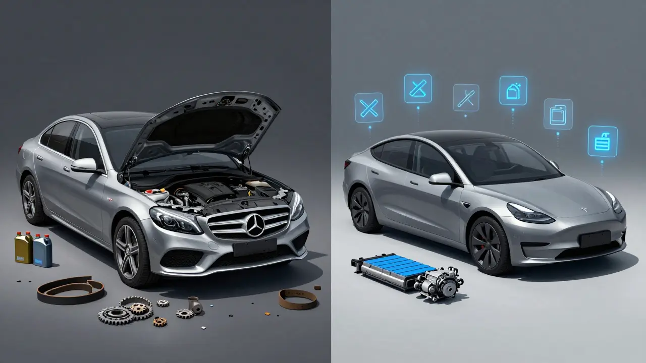 Vergleich: Ein klassischer Verbrenner mit komplexen Teilen gegenüber einem einfach aufgebauten Tesla-Elektroantrieb.