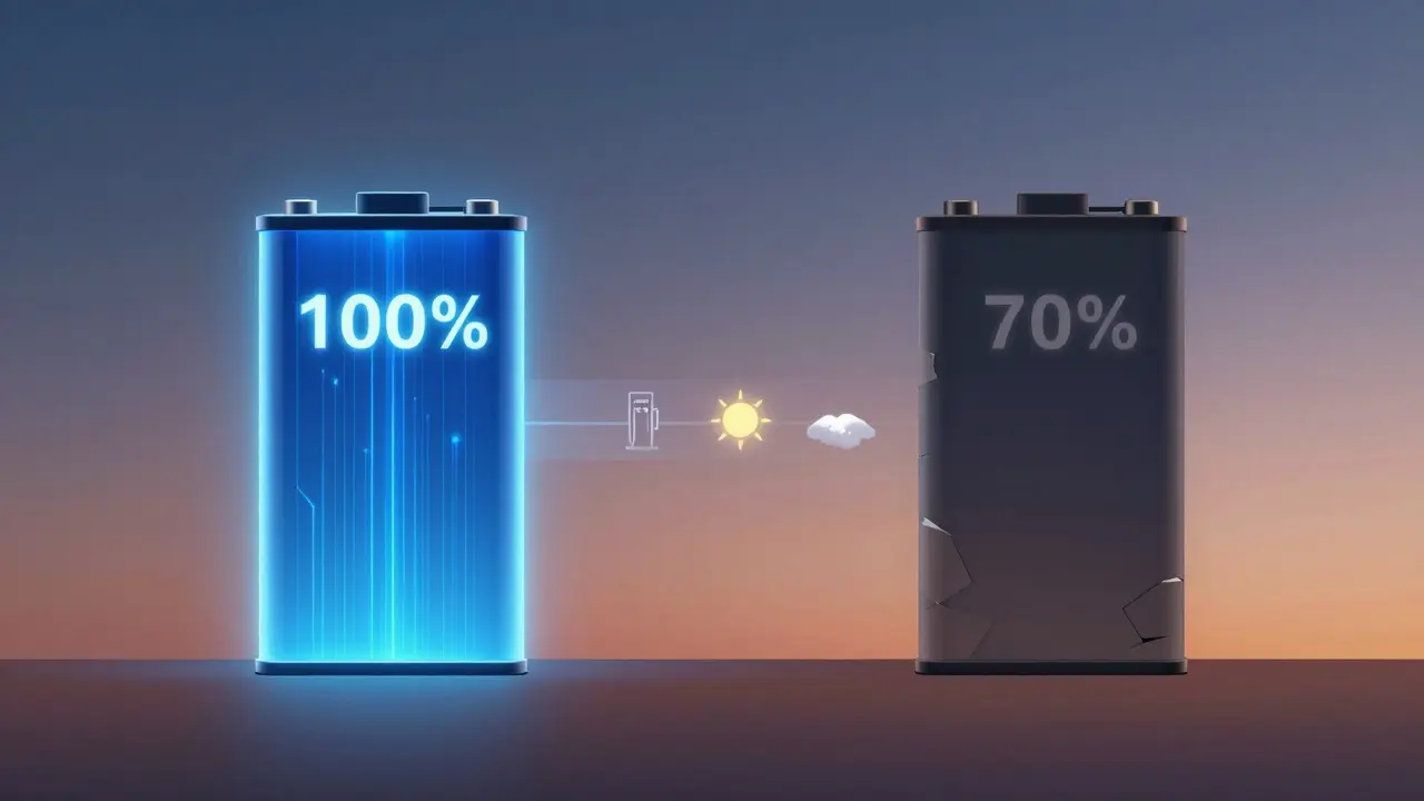 Vergleich einer neuen und alterten Tesla-Batterie mit Energieverlauf und Umwelteinflüssen.