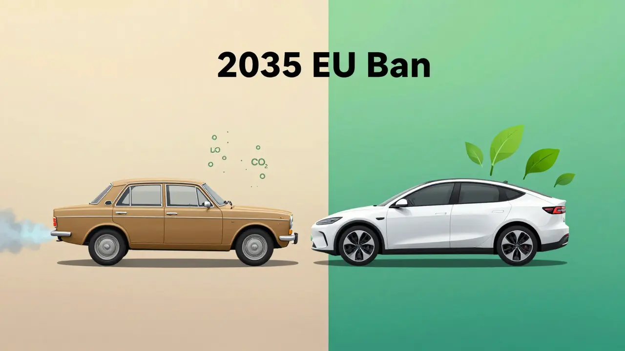 Vergleich eines LPG-Autos mit Auspuffemissionen und eines Elektroautos mit grünen Symbolen, getrennt durch einen Zeitstrahl.