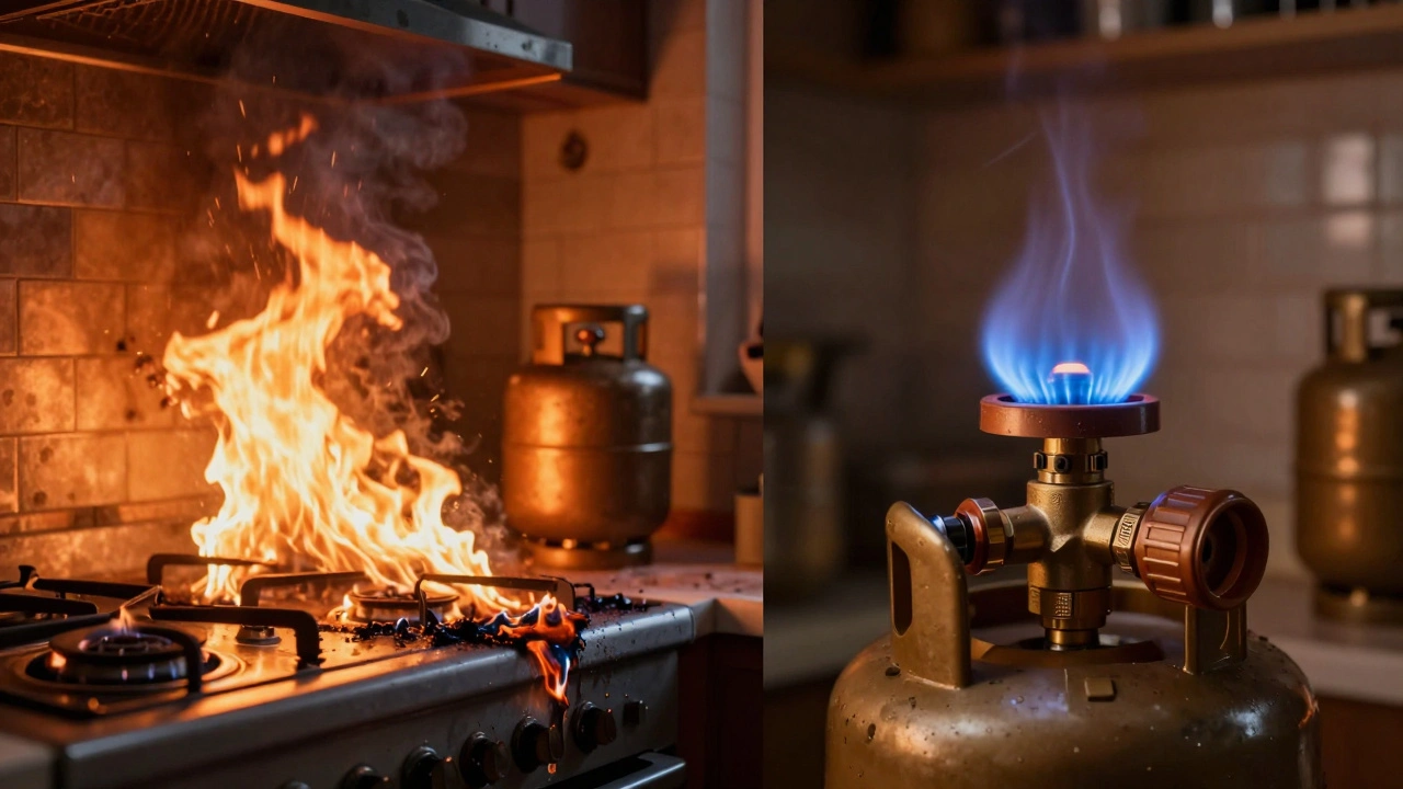 Vergleich: linke Seite Brand durch fehlenden Regler, rechte Seite sichere Nutzung mit Regler.