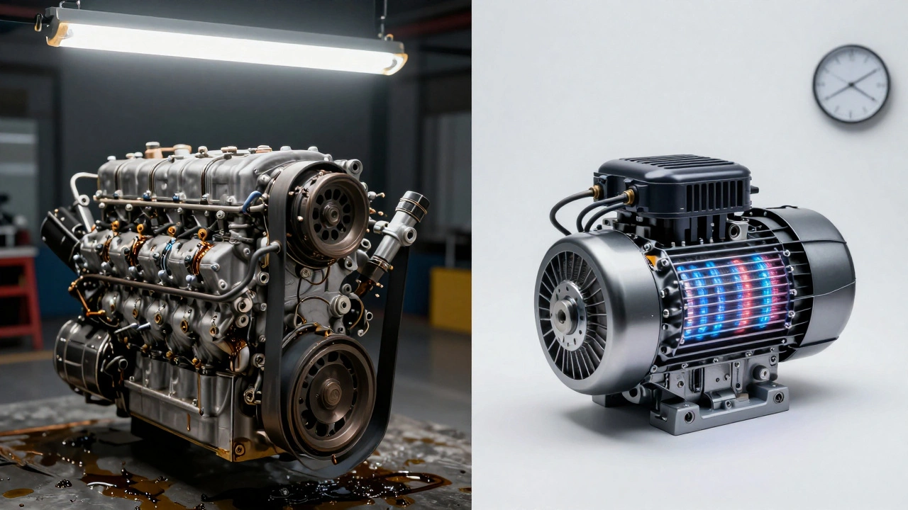Vergleich: verschlissener Verbrennungsmotor links, intakter Elektromotor rechts, Symbol für Langlebigkeit.