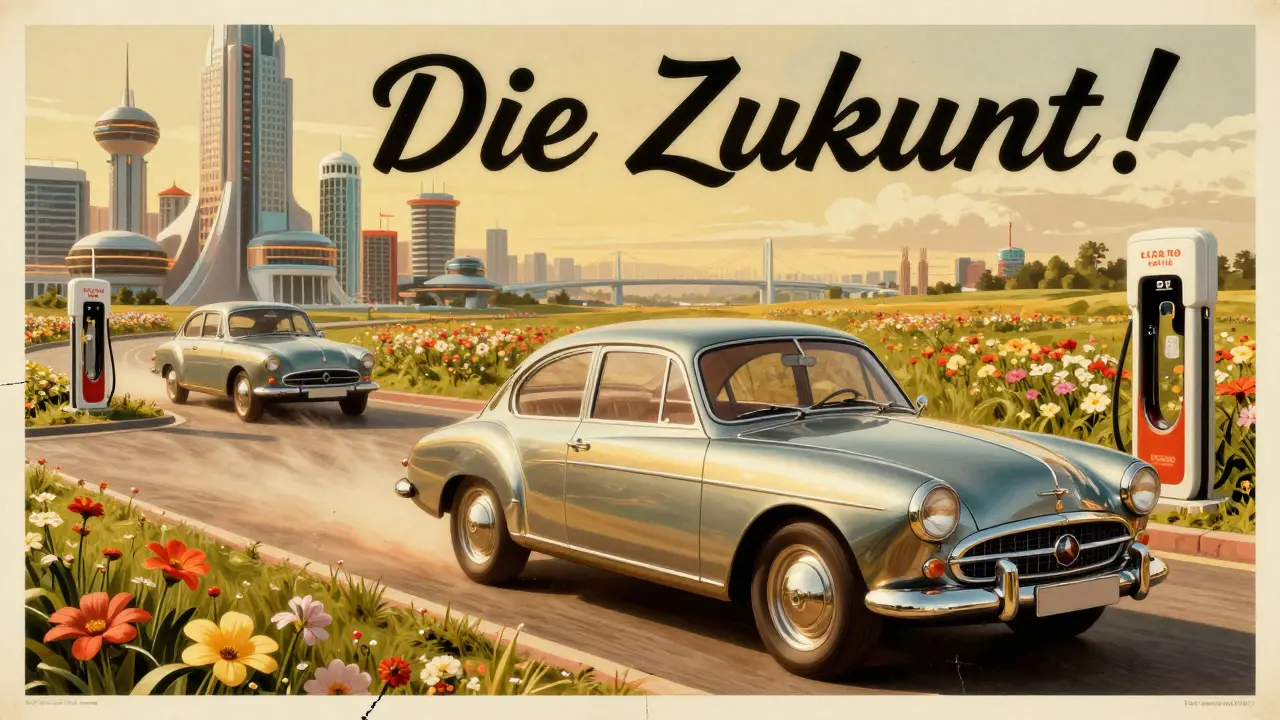 Vintage-Werbeposter für Wasserstoffautos, das eine veraltete Zukunft vorgaukelt, während echte Elektroautos wachsen.