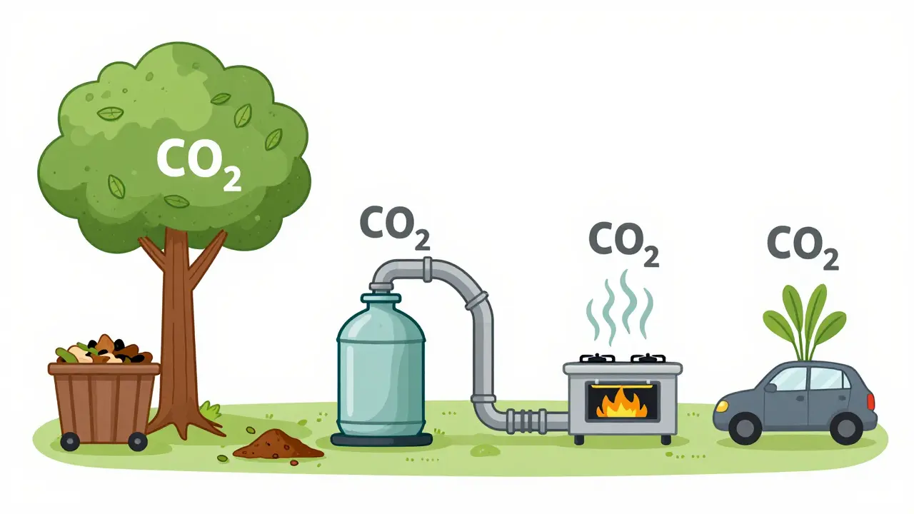 Visueller Kreislauf: Pflanzen, Abfall, Biogas und Energienutzung ohne Text.