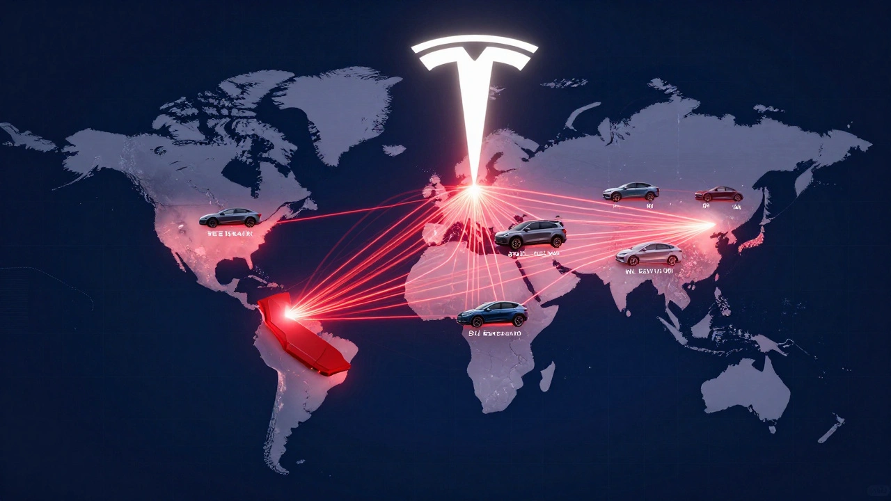 Weltkarte mit Lichtstrahlen, die Tesla-Verkäufe global darstellen.