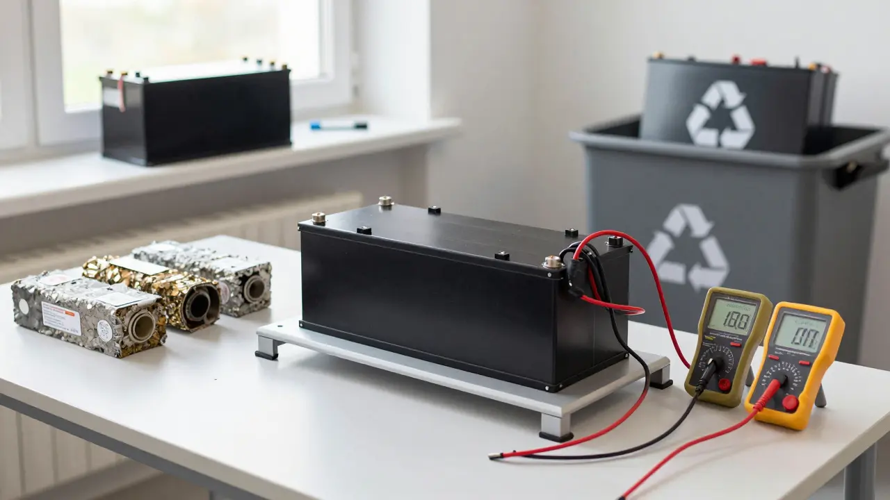 Wiederaufbereitete Tesla-Batterie wird in einer Werkstatt mit Recycling-Materialien getestet.