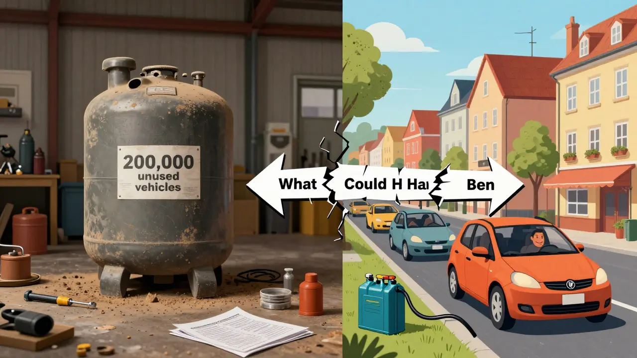 Zweiteilige Darstellung: verstaubte LPG-Ausrüstung in den USA vs. lebendige LPG-Nutzung in Europa.