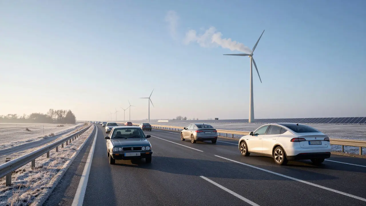 Auf der Autobahn fahren alte Benziner neben Elektroautos durch eine winterliche Landschaft.