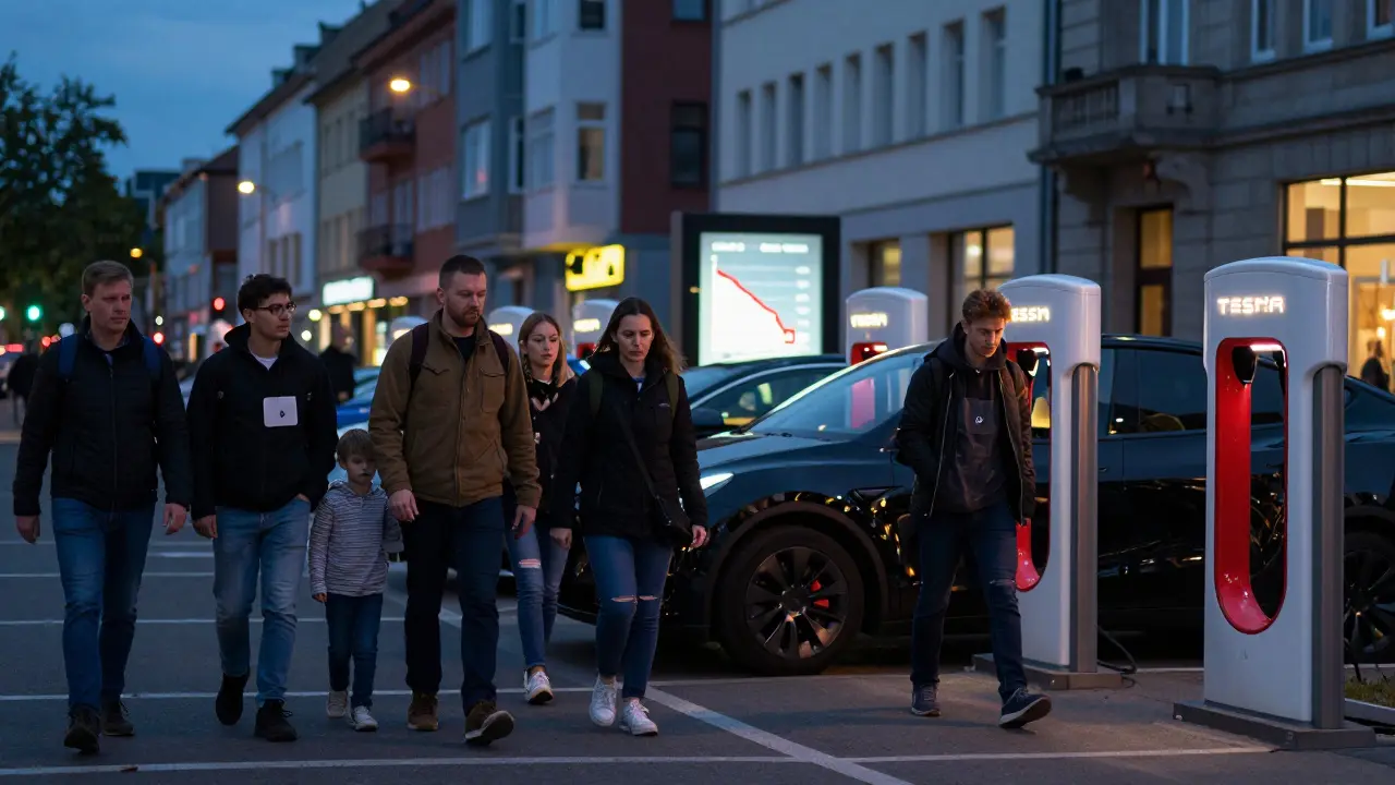 Diverse Menschen in Deutschland vor einem geladenen Tesla Model Y bei Dämmerung in der Stadt.