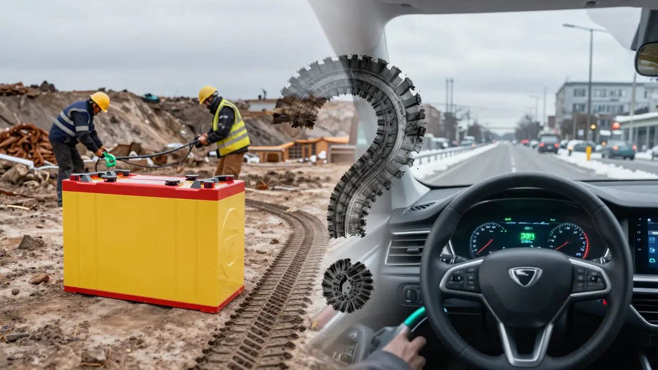 Doppelbelichtung: Batterieabbau links, Elektroauto im Schnee rechts — mit Fragezeichen aus Reifenspuren.