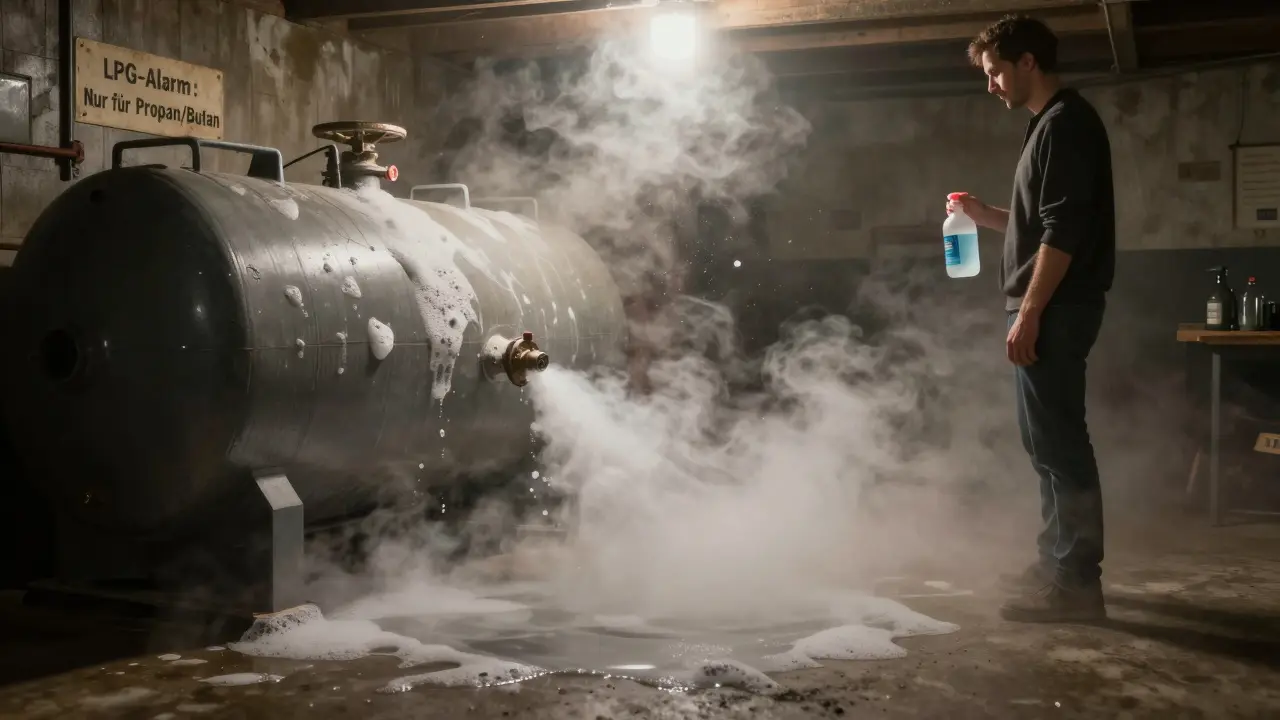 Ein LPG-Tank in einem Keller mit sichtbarem Gasaustritt und Seifenblasen an einer undichten Stelle.