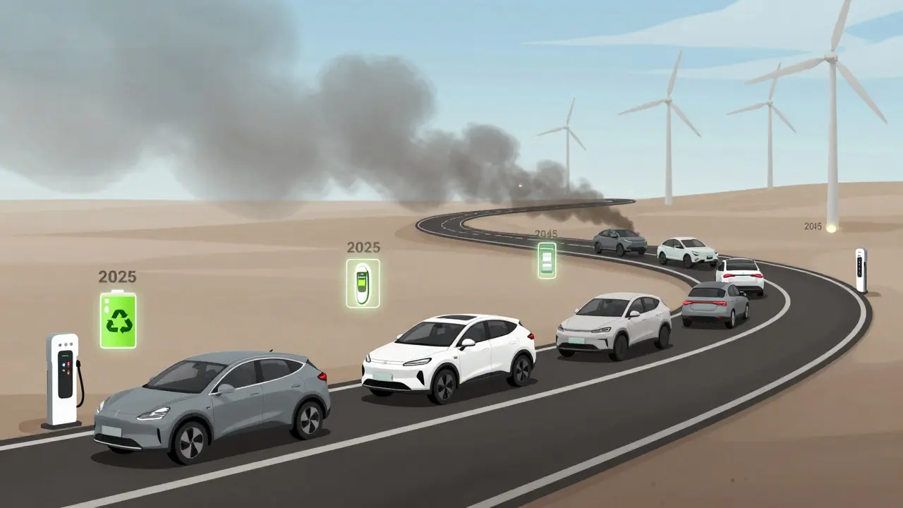 Ein zeitlicher Übergang von Verbrennern zu Elektroautos, mit Recycling, Ladestationen und grünem Hintergrund.