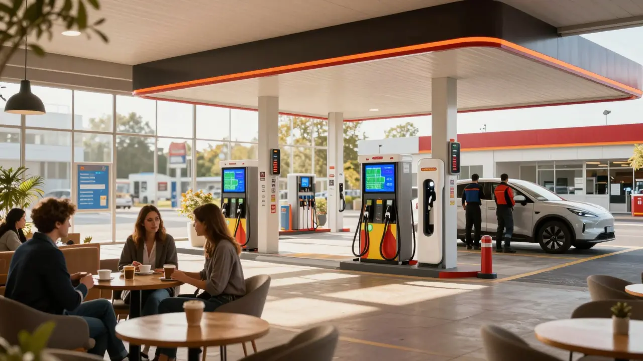 Eine umgebaute Tankstelle in Deutschland als Mobilitätshub mit Ladesäulen, Café und Werkstatt für E-Autos.