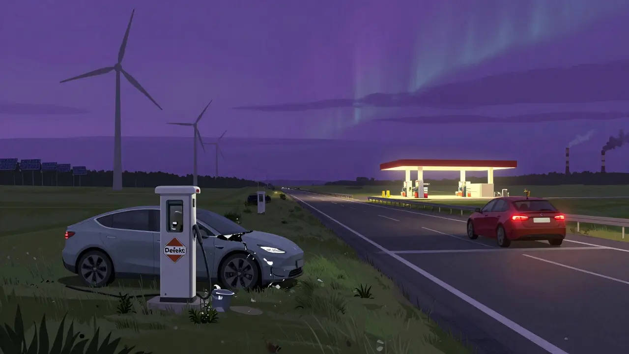 Elektroauto an einer defekten Ladesäule im deutschen Landstrich, während ein Benziner auf der Autobahn vorbeifährt.