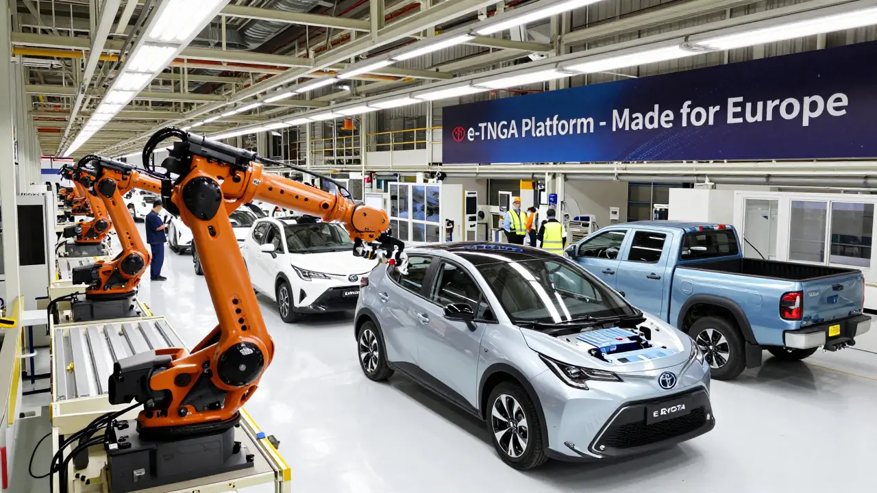 Elektroauto-Fertigung in Portugal mit Robotern und Batterien.