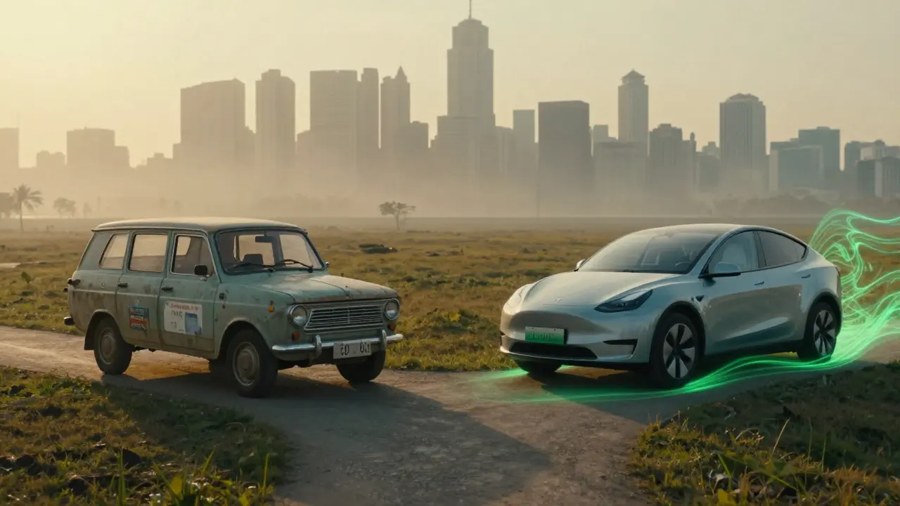 Entscheidungsweg: alter LPG-Wagen versus modernes Elektroauto, Stadt im Hintergrund mit sauberer und verschmutzter Luft.