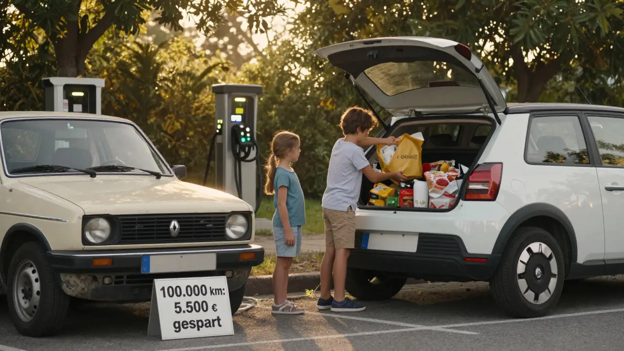 Familie lädt Einkäufe in ein günstiges Elektroauto, während ein älterer Benziner danebensteht.