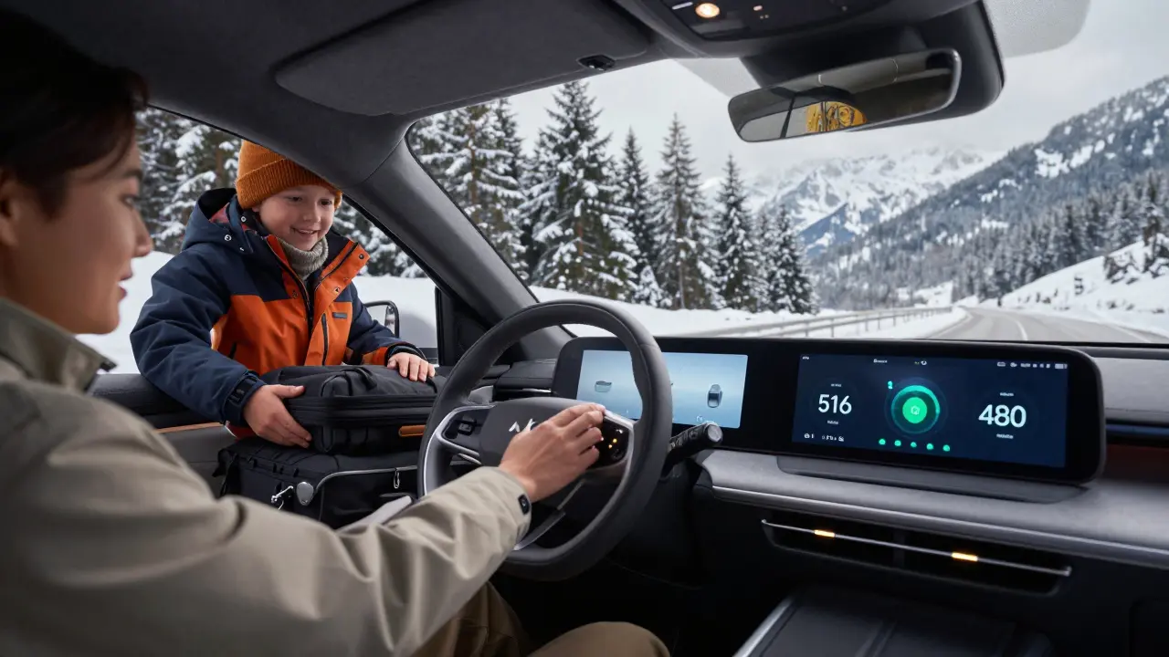 Familie lädt Koffer in Lucid Air an einem schneebedeckten Bergpass, Dashboard zeigt Reichweite an.