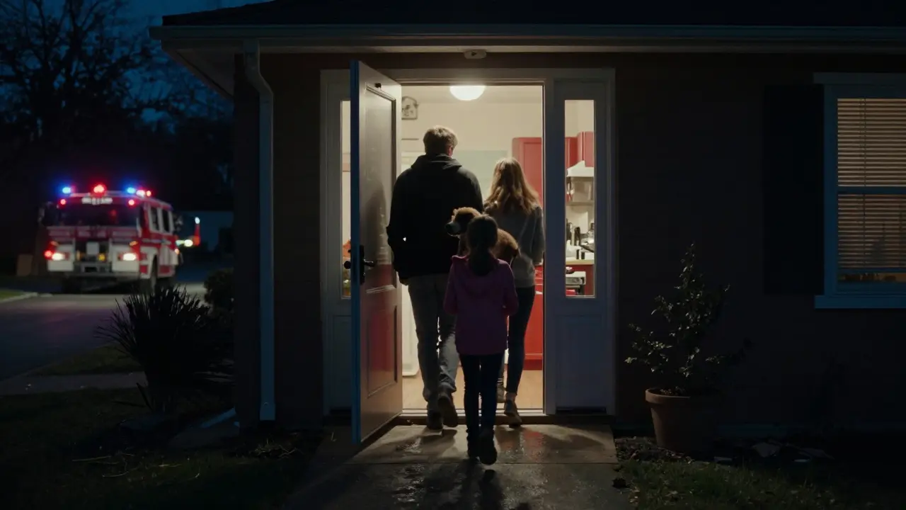 Familie verlässt schnell ihr Haus, während ein roter Lichtschein unter der Küchentür scheint.