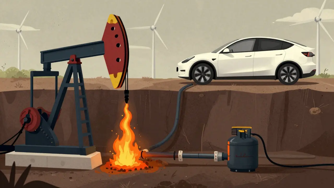 Fossiler Erdölzyklus mit Methanlecks und elektrischem Fahrzeug unter Windkraftanlagen im Kontrast.
