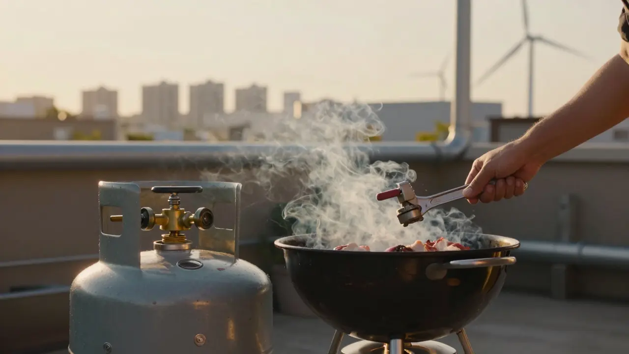 Grill mit Propanflasche im Garten, dahinter Stadt und Windkraftanlagen.