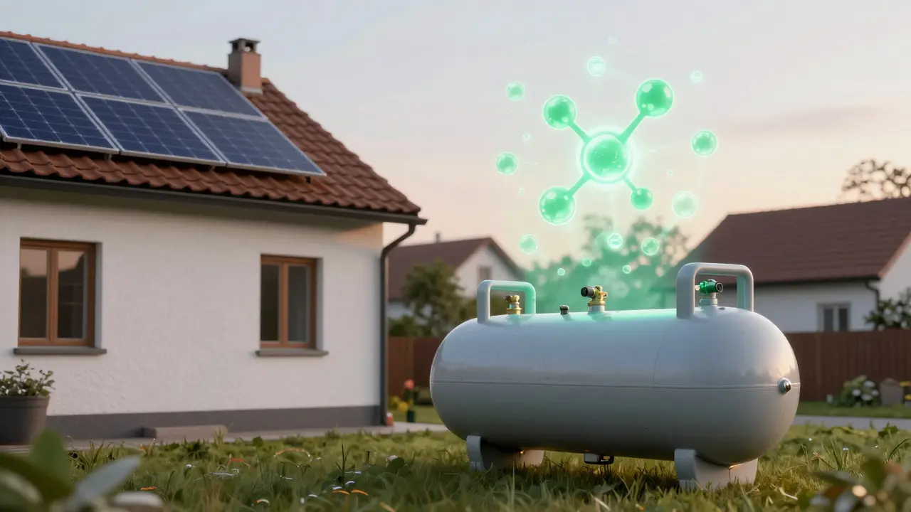 Haus im Übergang von Öl- zu LPG-Heizung mit Solaranlage und holographischem Hinweis auf Wasserstoff.