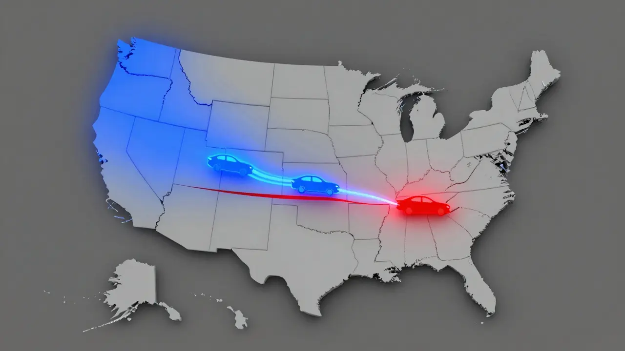 Karte der USA mit 18 Bundesstaaten in blau, die Elektroauto-Verbote haben, und den restlichen in grau.