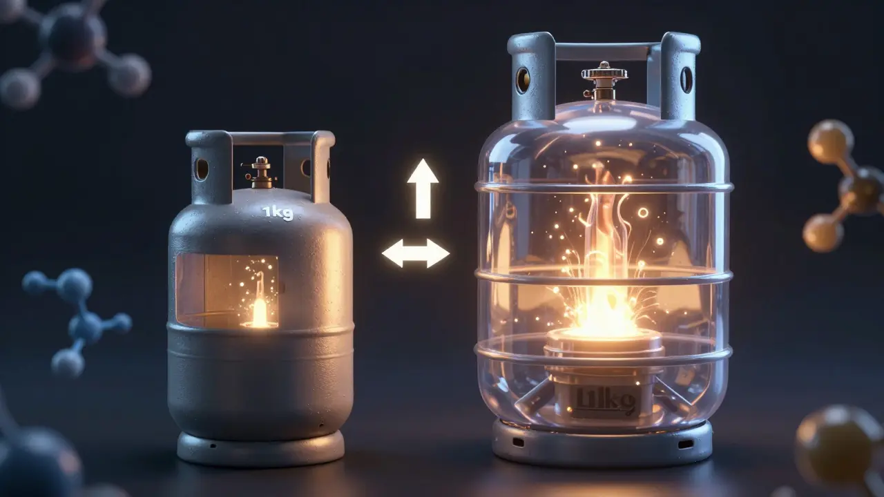 Kleine LPG-Gasflasche neben einer großen Erdgastanks, Energie-Dichte verglichen.