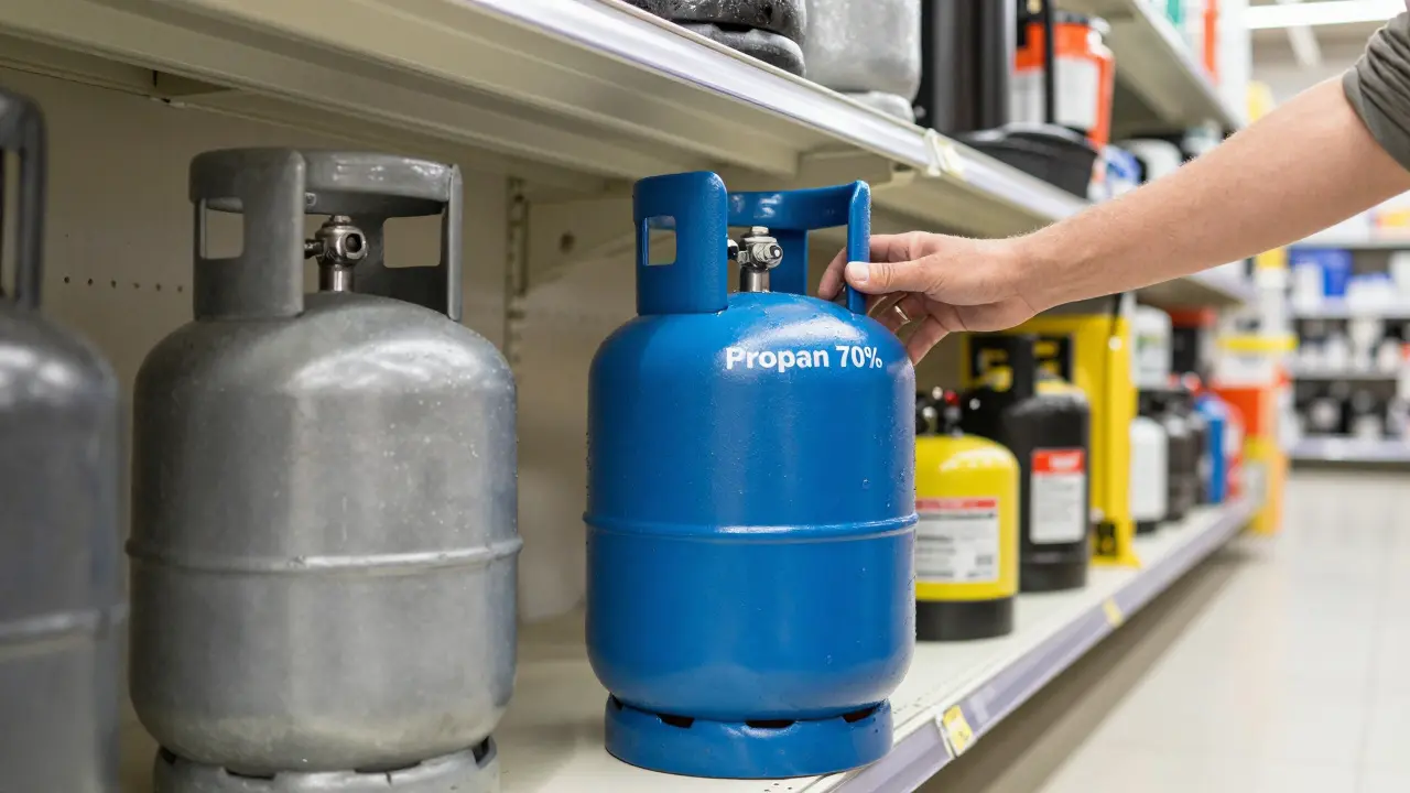 Konsument prüft eine blaue LPG-Gasflasche mit 'Propan 70%' Beschriftung in einem Baumarkt.