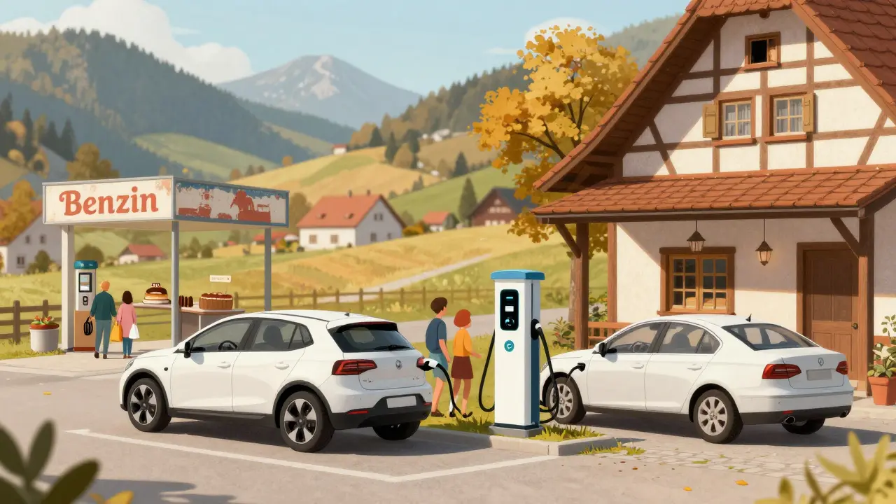 Ländliches Bayern mit Elektroauto an einer Ladesäule neben einer Bäckerei, altes Benzinauto und geschlossene Tankstelle.