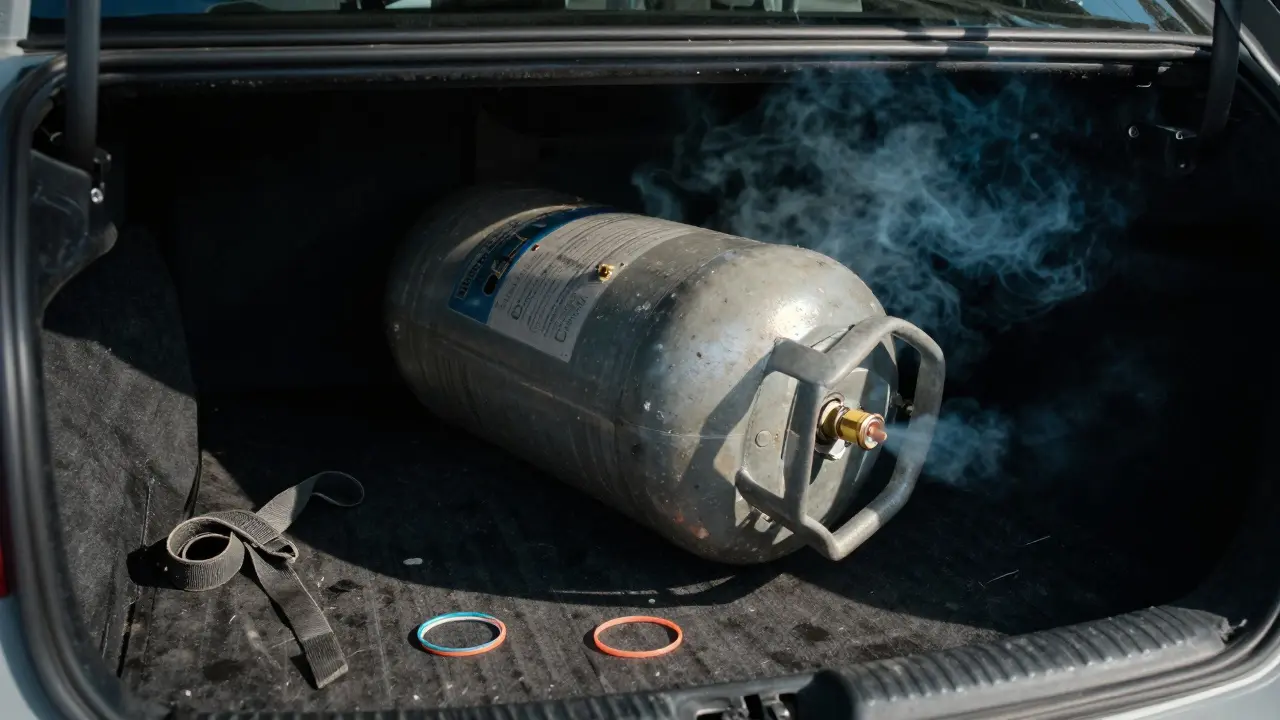 LPG-Flasche liegt im Kofferraum eines Autos, Dampf steigt aus dem Ventil auf.