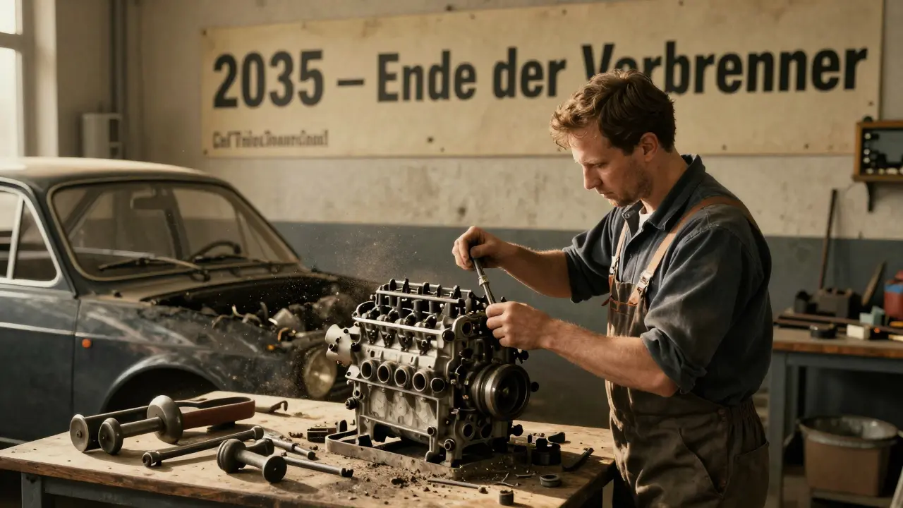 Mechaniker entfernt den letzten Benziner aus einem VW in einer stillgelegten Werkstatt, Poster mit '2035' an der Wand.