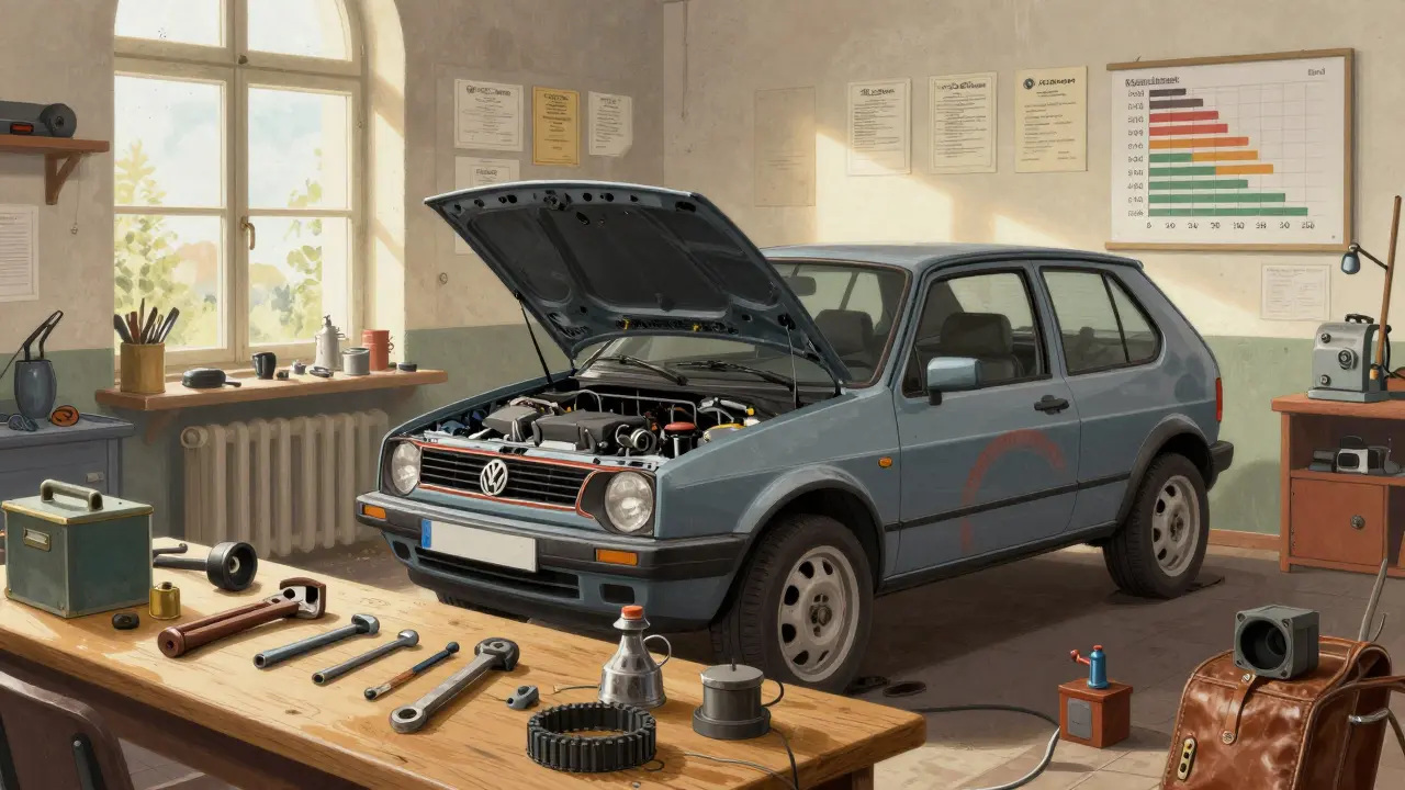 Mechaniker rüsten einen klassischen VW Golf mit einem Hybridantrieb in einer Werkstatt nach.
