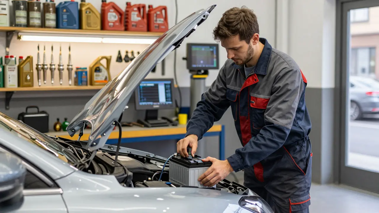 Mechaniker wechselt Batterie in Elektroauto, alte Zündkerzen liegen im Hintergrund.
