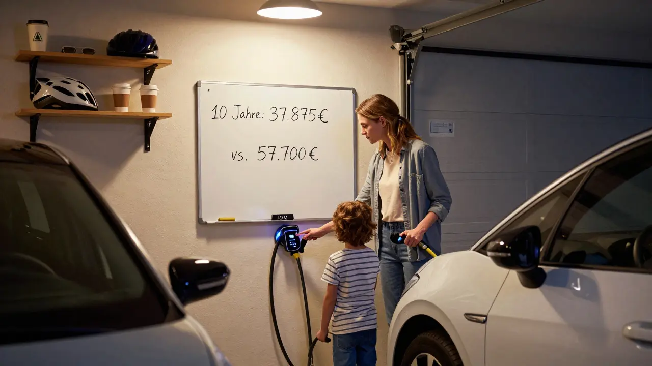 Mutter lädt zu Hause ihr Elektroauto, Kind zeigt auf die Ladeanzeige, whiteboard mit Kostenrechnung.