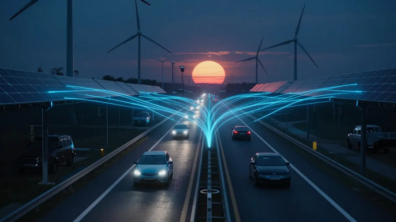 Nächtliche Autobahn mit autonom fahrenden Elektroautos, vernetzte Energieleitungen und erneuerbare Energien im Hintergrund.